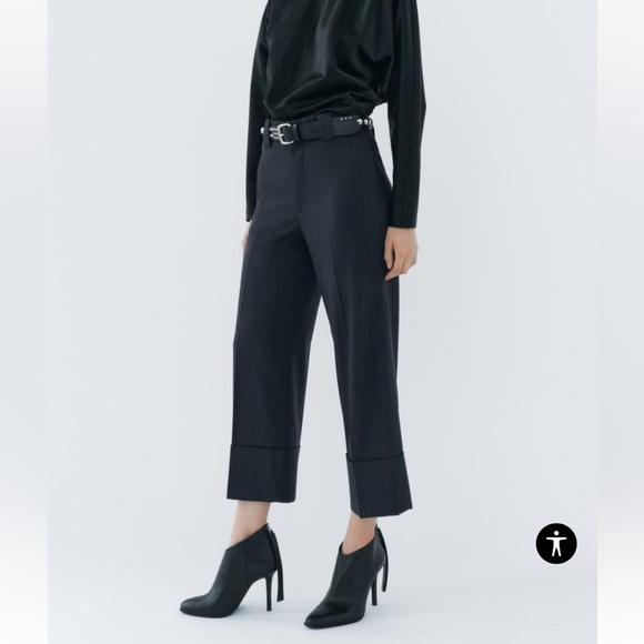 ZARA Striped Pants Large Womens Trouser Navy Hi Waist ZW Collection 4042/259 New - Picture 1 of 16